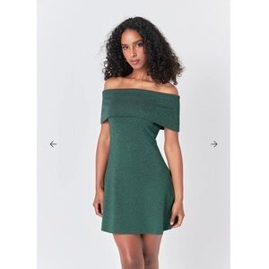 Endless Rose Off Shoulder Lurex Knit Mini Dress - Green - Size SMALL